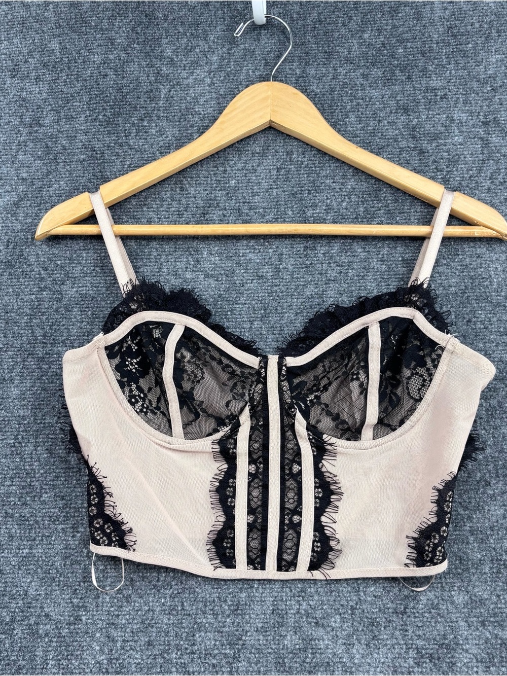 Haute Monde Nude Black Lace Trim Y2K Whimsigoth Sheer Bustier Crop Top Women’s M